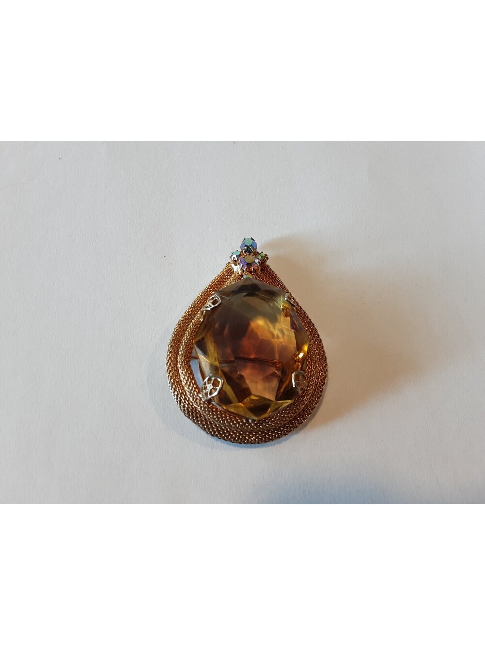 Juliana Citrine to Purple Glass Teardrop Brooch Pendant, Mesh Frame Vintage